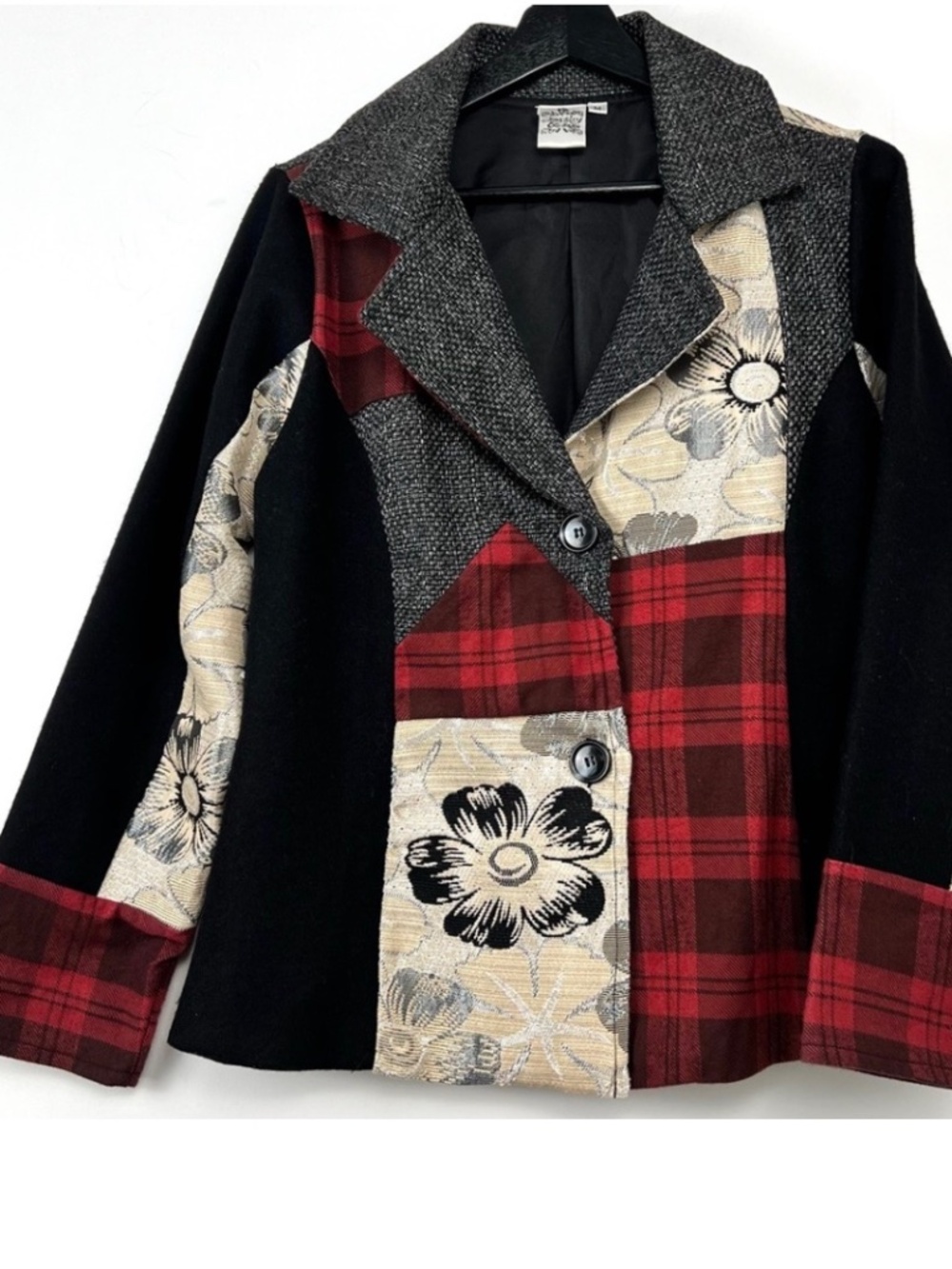 Parsley & Sage Boho Patchwork Mixed Media Jacket sz M Black Multi Artsy Teacher